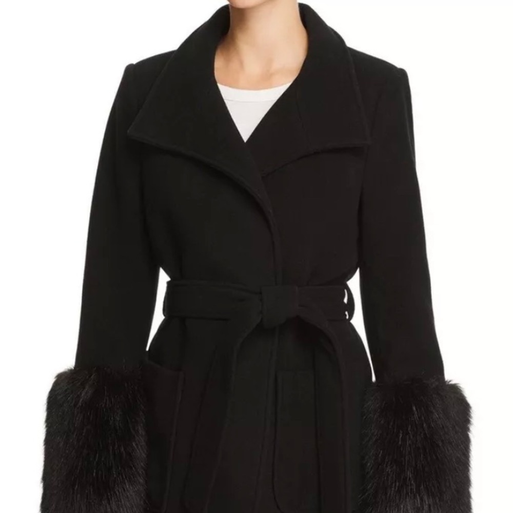 NWT Joie Hesperina Faux Fur Cuff Waist Belt Wool Coat Black Women's Size Large
